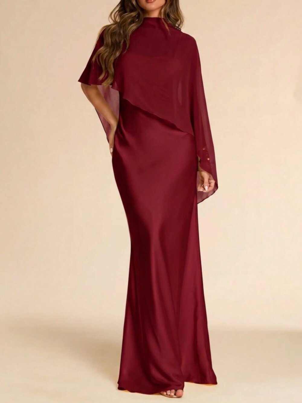 Burgundy High Neck Maxi Dress with Chiffon Cape Overlay